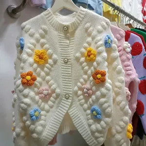 Wholesale 2023 Autumn And Winter New Hand Crochet Knitted Cardigan Women's Three-dimensional Ball Flower Embroidery Sweater