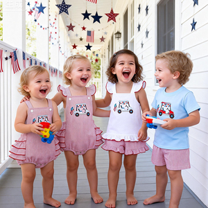 Baby Girl Dresses 4th of July Clothes for Girls Seersucker Custom logo Matching <strong>Family</strong> <strong>Outfits</strong> Kids Boys Clothing Sets - Product Image 1