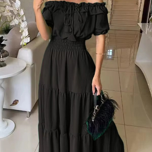 New commuter Chic Solid Color Load Lace-up Skirt with Leaf Edge <strong>Elastic</strong> <strong>Top</strong> with Puffed Sleeves and Big Swing <strong>Elastic</strong> <strong>Dress</strong> - Product Image 6