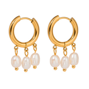 18k Gold Stainless Steel Hoop Earrings With Three White Freshwater Pearls Everyday Wear - Product Image 1