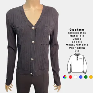 Suéter de malha com logotipo personalizado de fábrica para mulheres, cardigã de viscose de manga comprida com decote em V