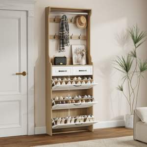 DB New Oak Color <b>Shoe</b> <b>Cabinet</b> 3 <b>Doors</b> and 2 Drawers <b>with</b> PVC Hanger Easy Assembly <b>Large</b> Storage Space for Home Use - Product Image 3