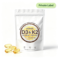 Huile de noix de coco Vitamine D3 K2 en gélules molles 10000 UI & 200mcg MK-7 300 gélules Soutien immunitaire et osseux Supplément OEM Marque Privée