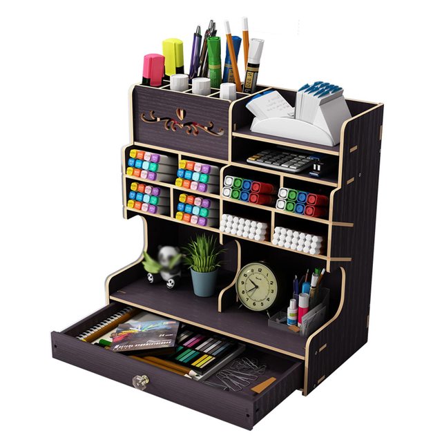Hiceeden 2-Tier Bamboo Desktop Organizer With Drawer - Monitor Stand Riser, Pen Holders, Desk Storage