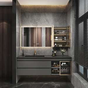 Mueble de Baño Moderno de Lujo Ligero, Montado en la Pared, <span class=keywords><strong>con</strong></span> Lavabo de Cerámica de Piedra Sinterizada sin Costuras, Espejo Inteligente <span class=keywords><strong>con</strong></span> Almacenamiento para Vestidor - Product Image 5