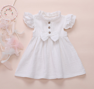 Chaud semi-col roulé robe d'été coton lin crêpe clapet manches cousu nœud robe couleur unie princesse robe pour fille - Product Image 6