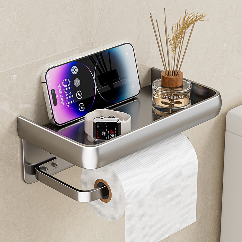 Multi-Functional Aluminium Alloy Wall-Mounted Toilet Paper Holder Tissue Dispenser Storage Shelf for Bathrooms No Drilling