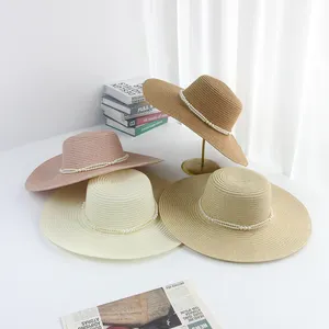 Toptan ağız 12CM siperlikli şapka doğal kağıt beyaz inci gerdanlık saman disket şapka ile hasır denizci şapkası