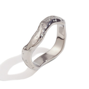 2026 Artistic Irregular Hammered Wavy Surface Stainless Steel 18K Gold Plated Minimalist Unisex Stackable <b>Finger</b> <b>Ring</b> - Product Image 2