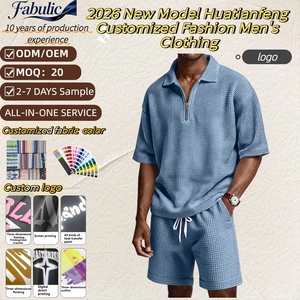 Set Estivo Casual da Uomo in Maglia Waffle, 2 Pezzi, <span class=keywords><strong>Polo</strong></span> con Mezza Zip e Pantaloncini <span class=keywords><strong>Oversize</strong></span>, Direttamente dal Produttore - Product Image 1