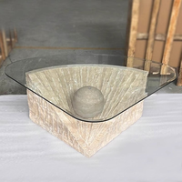Table Basse/Salle à Manger Irrégulière de Luxe et Moderne, Minimaliste, avec Plateau en Verre et Piètement en Travertin Naturel en Forme d'Éventail