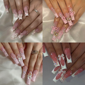 Lot de 24 faux ongles longs en forme de cercueil, avec papillons 3D et diamants, style français, luxueux et réutilisables - Product Image 1