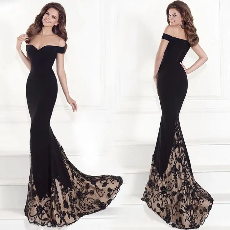 2021 New Design Elegant Women Slim Party Dress Off Shoulder Floor Length Black Long Pencil Evening Dress