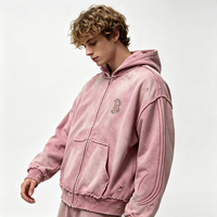 Sweat à capuche zippé rose vintage délavé, lourd, avec logo R vieilli, style streetwear, en molleton de coton délavé à l'acide et effet soleil, pour hommes, en gros