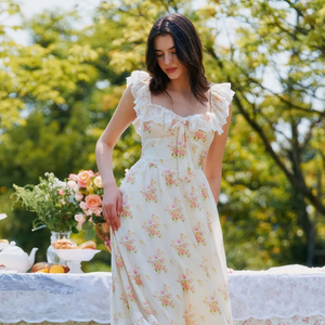 خمر مستوحاة قبالة الكتف الدانتيل كشكش سموكيد الخصر طباعة الأزهار الصيف المرأة في الهواء الطلق حزب اللباس ميدي - Product Image 2