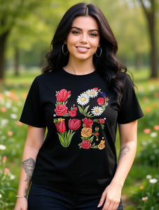 T-Shirt da Donna con Design Floreale, Manica Corta, Collo Tondo, Casual Estiva, Leggera, 100% Cotone Jersey, Stampa Floreale - Product Image 2