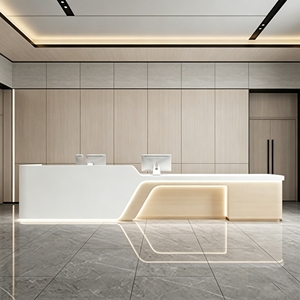 CR120 Soft Light Wood MDF Construction Curved Reception Desk Corporate Cashier Counter Office Front Desk for Modern Office - Product Image 1