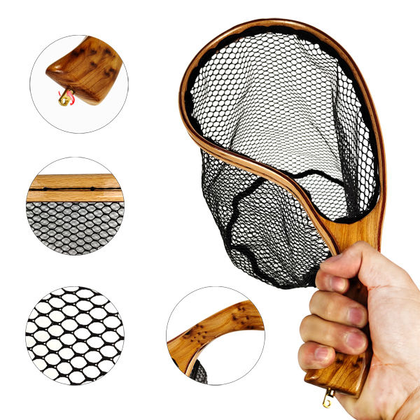 Curved Handle Wooden Frame Tenkara Net Fly Fishing Landing Net (B06)