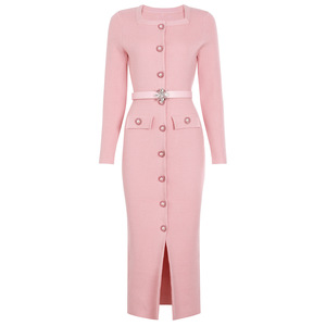 Nuovo Abito Elegante da Donna in <span class=keywords><strong>Maglia</strong></span> Autunno 2025, Manica Lunga con <span class=keywords><strong>Bottoni</strong></span> in Strass, <span class=keywords><strong>Vestito</strong></span> Maglione alla Moda con Cintura - Product Image 1