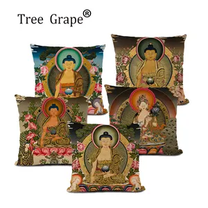 Thai Style Buddha Statue Artwork Retro Buddhist Interior Pillow Cushion Cover 45x45cm