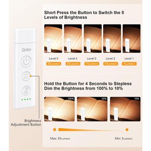 Gritin Book Light Rechargeable Clip On <b>Led</b> Reading Light 5 Brightness Levels Stepless Dim For Books In <b>Bed</b> Eye Caring - Product Image 1