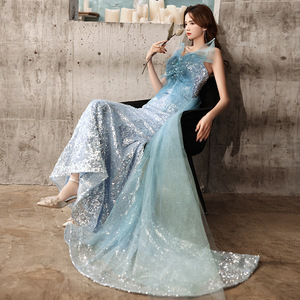 S3631Y <strong>SilverBlue</strong> Mermaid Evening Gown 3D Butterfly Tulle Neck Full Sequin Sparkly Formal Prom Dress With Detachable Tulle Train - Product Image 2