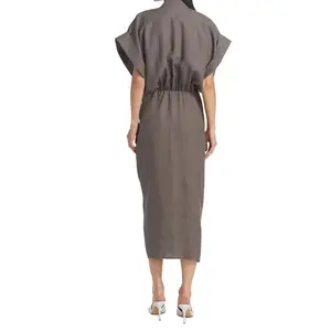 For Women Professional Clothing Factory Boho Summer Linen Dress Deep V-neck Loose Pleated Split Midi Casual Dresses For Women