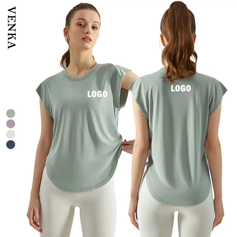 Nuovo arrivo donna abbigliamento sportivo camicia da Yoga a maniche corte di lusso o-collo curva irregolare fondo Crop Top t-Shirt sportive