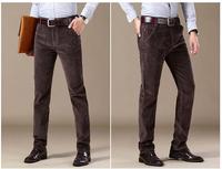 Celana Panjang Pria Kasual Elegan Bergaris Model Lurus OEM Service, Celana Kerja Trendy Klasik Kancing Resleting Bahan Corduroy