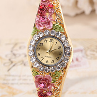 Set jam tangan berlian wanita, Set perhiasan arloji bunga kristal kasual cincin kalung