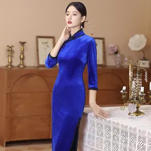 Fashion Blue Code Medium Length Nine-minute Sleeve Banquet Wedding Women's Velvet Cheongsam