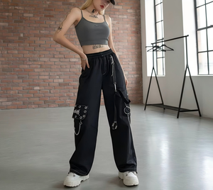 <span class=keywords><strong>Pantaloni</strong></span> Punk Street Crock da Donna, Vestibilità Ampia, Stile Hip-Hop Harajuku, <span class=keywords><strong>Neri</strong></span>, a Gamba Larga, con Coulisse, Lunghi, Stile Spice Girls, Gotico Vintage, Vita Alta - Product Image 4