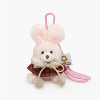 Breloque de sac en peluche lapin poncho esthétique à carreaux rouges, lapin rose Kawaii avec col en fourrure, décoration de sac à dos tendance