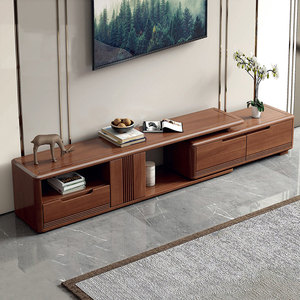Mobile TV Estensibile in Legno Massello, Design Moderno Minimalista in Noce, Base con Vano Portaoggetti <span class=keywords><strong>per</strong></span> <span class=keywords><strong>Soggiorno</strong></span>, Adatto <span class=keywords><strong>per</strong></span> Appartamenti, Hotel e Piccoli Spazi - Product Image 1