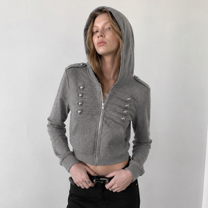Sweat à capuche zippé pour femme, couleur unie, tissé, avec détails boutons métalliques, manches longues, style streetwear décontracté, haut d'automne - Product Image 4