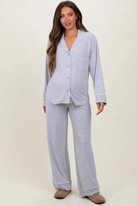 Ensemble pyjama de maternité 2 pièces, haut à col en V boutonné, pantalon large, pour femmes enceintes - Product Image 2