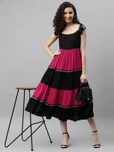 Women's Solid Woven Rayon Tiered Midi <b>Dress</b> Natural Waist U Neck Sleeveless Summer Wear One Piece Casual Party Western - Product Image 1