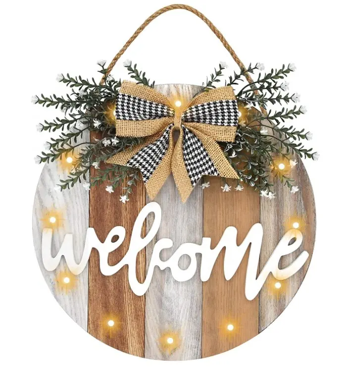 Home Sign Door Decorations Hanging Farmhouse Front Porch Decor Rustic Wooden Wall Sign with 12 LED Lights