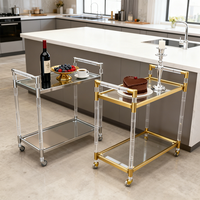 Moderner Silberner Metall-Servierwagen mit 4 Rädern, Langlebig, Umweltfreundlich, für Gewerbliche Nutzung, Edelstahl-Acryl, 2 Regale, Küche, Esszimmer, Hotel