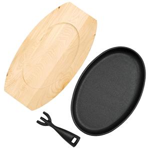 Sartén Fajita <span class=keywords><strong>de</strong></span> <span class=keywords><strong>hierro</strong></span> <span class=keywords><strong>fundido</strong></span>, plato caliente, plato chisporroteante, plato para servir <span class=keywords><strong>de</strong></span> forma ovalada con plato Base <span class=keywords><strong>de</strong></span> madera, sartén para carne - Product Image 2