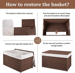 Panier <span class=keywords><strong>de</strong></span> rangement pliable en corde <span class=keywords><strong>de</strong></span> papier 65L-105L avec couvercle, panier à <span class=keywords><strong>linge</strong></span>, panier à couvertures avec doublure amovible séparée - Product Image 6