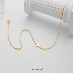 <b>Sideways</b> <b>Cross</b> <b>Necklace</b> | 18K PVD Gold Plated Stainless Steel Box Chain <b>Cross</b> Pendant | Waterproof Hypoallergenic & Tarnish Free - Product Image 3