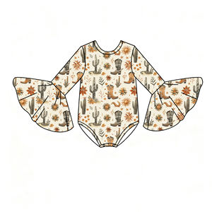 Custom Western Fall Bamboe Baby Meisjes Kleding Bodysuit Cowgirl Cactus Boot Flare Bel Mouw Western Peuter Baby Girl Romper - Product Image 2