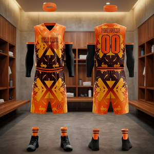 Ensemble de maillots de basket-ball sublimés personnalisés, col en V, sans manches, 100% polyester, évacuation de l'humidité, nom de l'équipe PACE SPORTS 00, orange et noir - Product Image 3