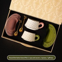 Ensemble de tasses à café et soucoupes en porcelaine rose et verte, tasses pour couple, cuillères à feuilles d'or, boîte cadeau, service à café
