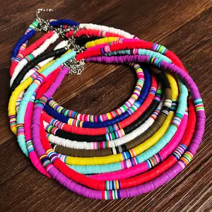 Boho Polymer Clay Choker Necklace Colorful African Vinyl Disc Beads Necklace Summer Beach Heishi Necklaces for Women Girls