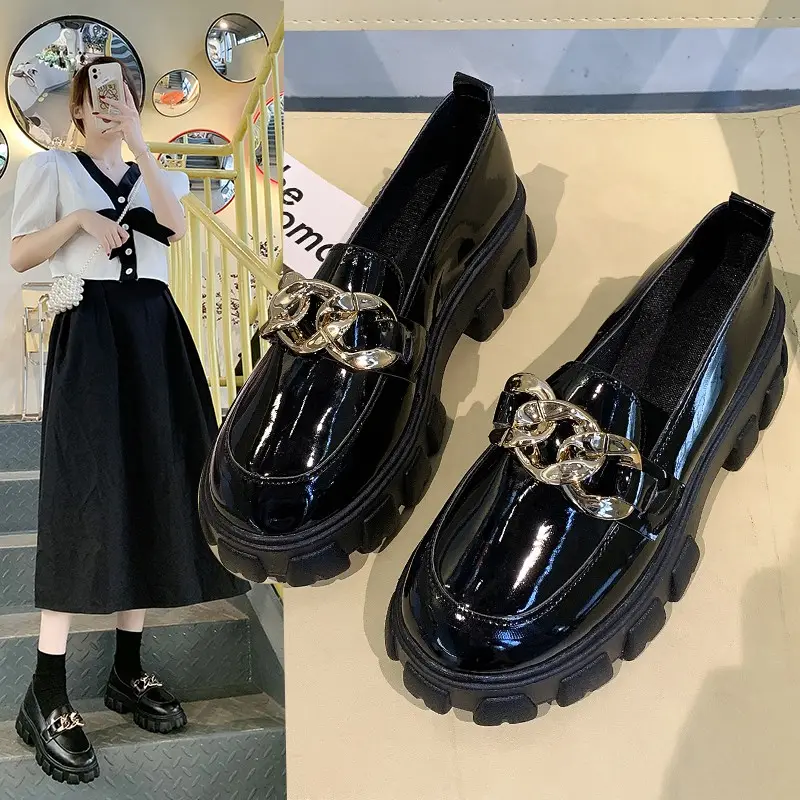 2023 New Spring Fall Women's black platform shoes Girl Loafer Shoes
