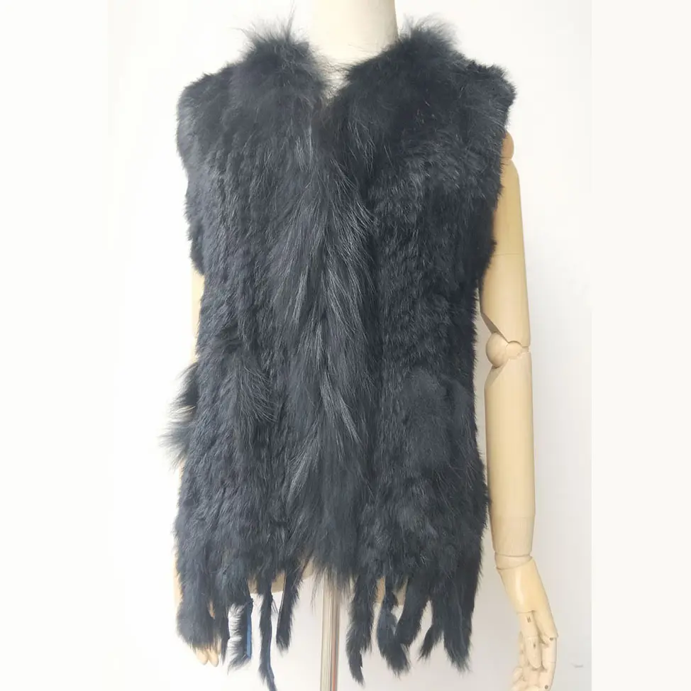 2024 gros tricoté véritable fourrure de lapin gilet avec vraie fourrure de raton laveur garniture femmes Gilet automne dames véritable fourrure gilet