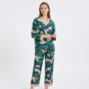 Women's Floral Printed Bamboo Fabric Pajama Set Long Sleeve Button Front Elegant Sleepwear <b>Summer</b> Collection Ankle-Length Pants - Product Image 1