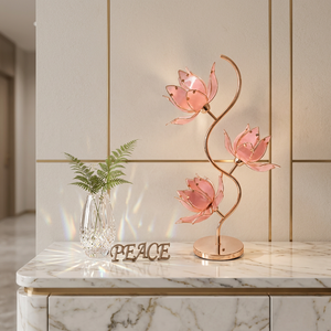 Lámpara Tradicional China de Loto Rosa, Flores de Vidrio Hechas a Mano sobre Tallo Bañado en Oro, Luz Decorativa E26 para Mesita de Noche, para Hogar Asiático - Product Image 2